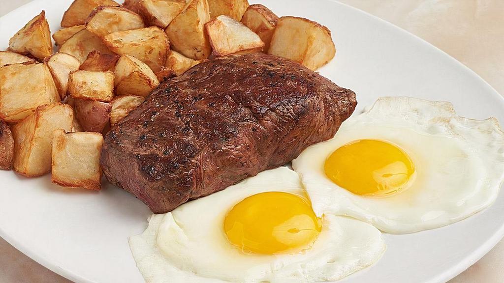 Local Flat Iron & Eggs · Black angus steak, farm fresh Amish eggs any style, home fries
