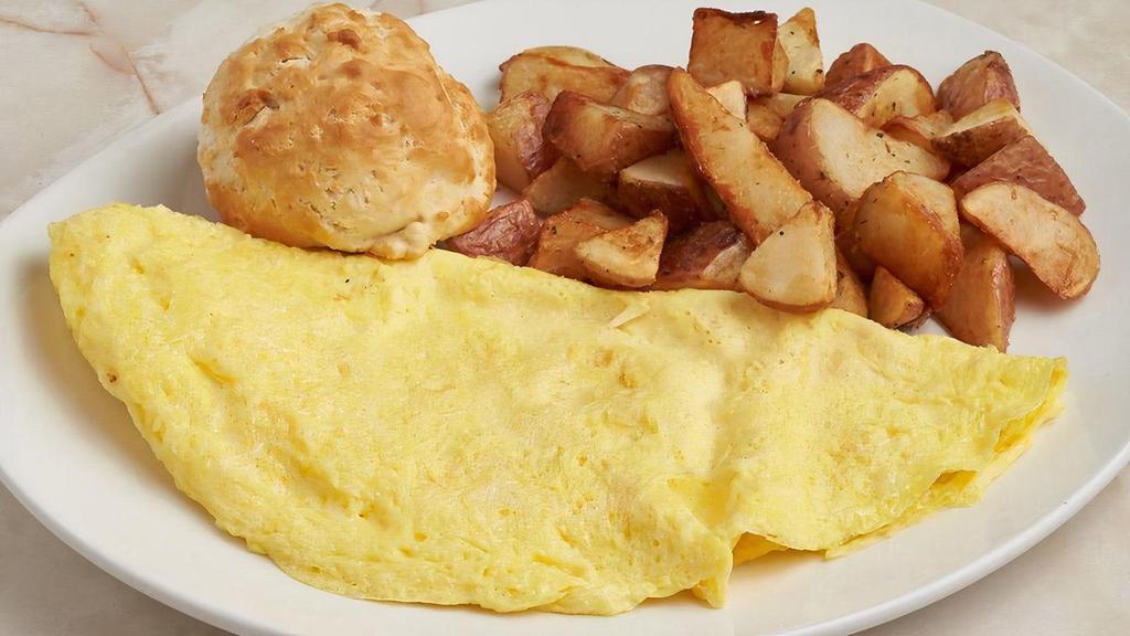 Jack Cheddar Cheese Omelette · Shredded jack cheddar, served with biscuit and home fries.