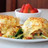 Bay Benedict · Lump crabcake, english muffin, baby spinach, diced tomatoes, roasted organic corn, basil, ca...