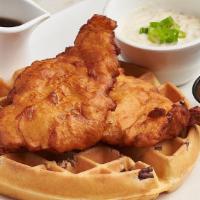 Pickle Brined Fried Chicken & Waffles · Boneless breaded chicken, pecan waffle, with cherry pepper honey, sausage gravy, and syrup.