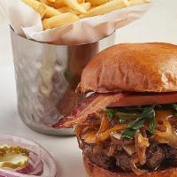 Smokehouse Burger · BBQ basted, cheddar, caramelized onions, cremini mushrooms, nitrate-free bacon.