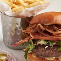 Bacon Bleu Burger · Bleu cheese crumbles, nitrate-free bacon, onion straws, A-1, honey mustard