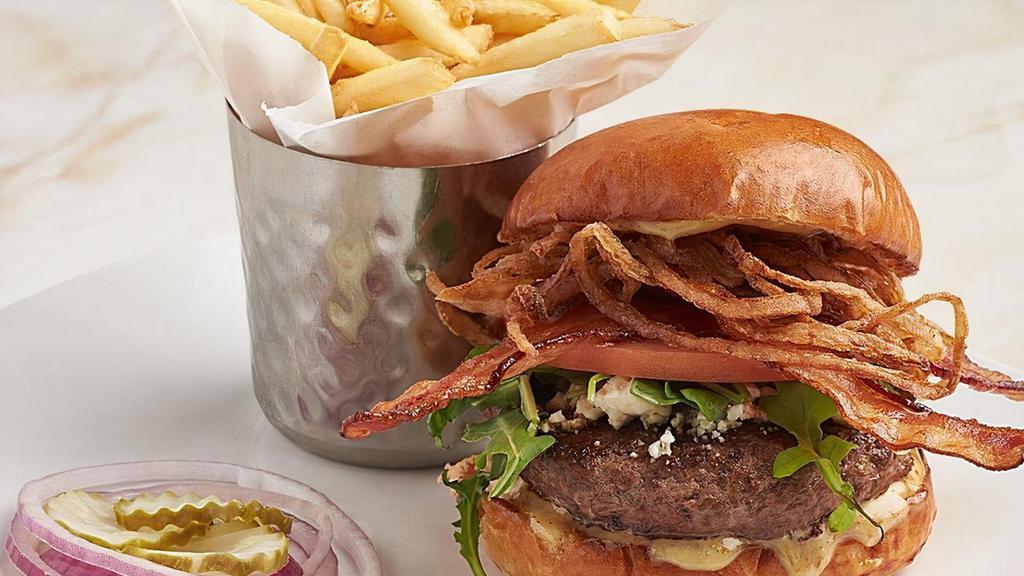 Bacon Bleu Burger · Bleu cheese crumbles, nitrate-free bacon, onion straws, A-1, honey mustard