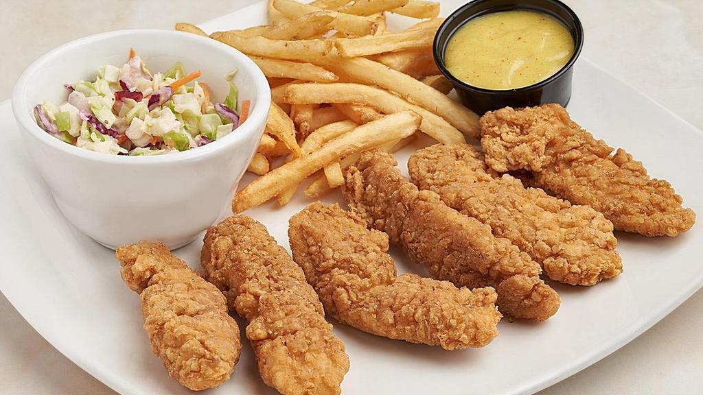 Chicken Tender Platter · Our own recipe! Antibiotic and hormone-free with honey mustard, coleslaw and choice of crispy fries or veggie.