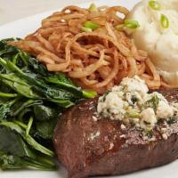 Local Flat Iron Steak · Topped with Firefly Farms bleu cheese butter and crispy onion straws, mashed potatoes, scall...