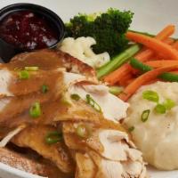 Free-Range Turkey Platter  · Sustainable turkey over sourdough toast, rosemary sage gravy, mashed potatoes, fresh veggies...
