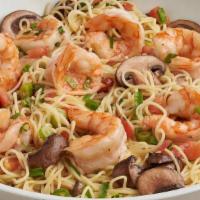 Shrimp Scampi · Sustainable, basil garlic shrimp, garlic wine sauce, scallions, tomatoes, cremini mushrooms,...