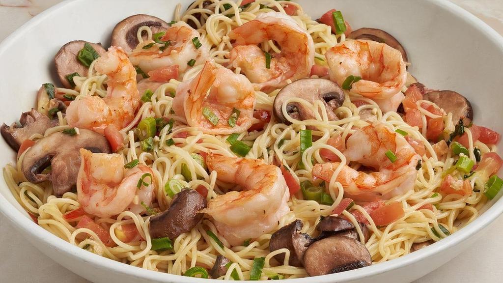 Shrimp Scampi · Sustainable, basil garlic shrimp, garlic wine sauce, scallions, tomatoes, cremini mushrooms, angel hair pasta.