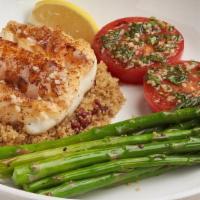 Summer Time Cod · Wild caught Bering Sea cod, over quinoa and pomegranate, grilled tomatoes, asparagus and lem...