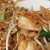 L) Chicken Pad Thai · Rice noodles stir-fried with Chicken, bean sprouts + onion+scallions in sweet Thai sauce top...