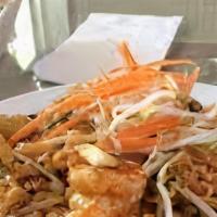 L)Pad Thai Shrimp · Rice noodles stir-fried with shrimp, bean sprouts + onion+scallions in sweet Thai sauce topp...