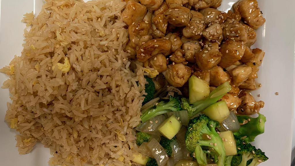 Hibachi Chicken · Served with fresh vegetables, hibachi rice, soup, salad, and (2) shrimp.