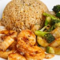 Shrimp Hibachi Dinner · Served with your choice of soup or salad, fried rice, and vegetables.