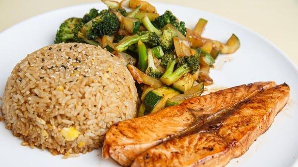 Salmon Hibachi Dinner · Served with your choice of soup or salad, fried rice, and vegetables.
