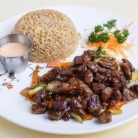 Beef Teriyaki · Served with your choice of soup or salad and rice.