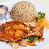 Salmon Teriyaki · Served with your choice of soup or salad and rice.