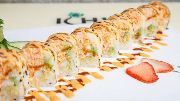 Mississippi Roll · Spicy. Spicy crab, avocado, cucumber, shrimp, and crunchy. Wrapped in soy paper and special sauce. No substitutions.