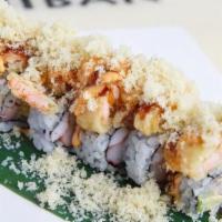 Super Crunchy Roll · Shrimp, masago, crab, avocado, and cucumber topped with salmon tempura and chef's special sa...