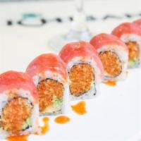 Tuna Lover Roll · Spicy. Spicy tuna and avocado topped with fresh tuna and spicy sauce. No substitutions.