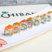 Rainbow Roll · Raw. Crab meat, cucumber, avocado, tobiko, tuna, salmon, and yellowtail. No substitutions.