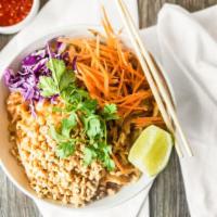 Pad Thai · Thin rice noodles with tamarind sauce, served with bean sprouts, lime wedge, peanuts and cil...
