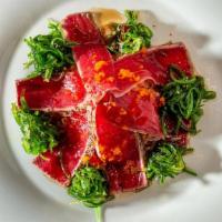 *Tuna Tataki · Seared tuna With wasabi yuzu sauce,scallion,seaweed salad.