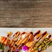 Honey Honey Roll · Tempura shrimp, crab sticks, topped salmon, avocado, eel sauce and spicy mayo.