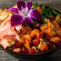 *Kimchi Poke Bowl · Cube tuna,Cube Salmon ,avocado, cucumber, poke sauce,scallion,kimchi, seaweed salad on sushi...
