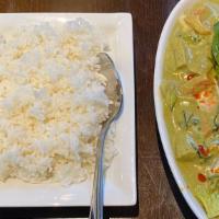 Thai Green Curry Shrimp · Green curry paste, coconut milk, palm sugar, kaffir lime leaves, Thai basil, shrimp & vegeta...