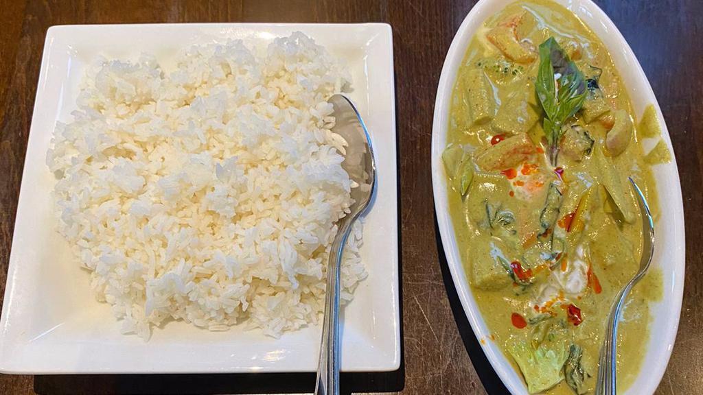 Thai Green Curry Shrimp · Green curry paste, coconut milk, palm sugar, kaffir lime leaves, Thai basil, shrimp & vegetables.