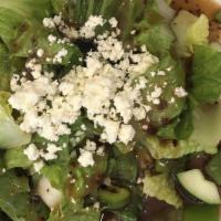 Greek Salad · Fresh romaine lettuce with cucumber, tomatoes, onions, feta cheese, spices and black olives ...