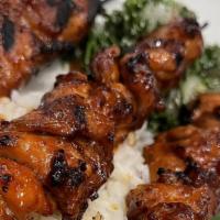 Filipino Grilled Chicken Bbq On Skewer (3 Pcs) · Comes with steamed white rice and mediterranean salad.