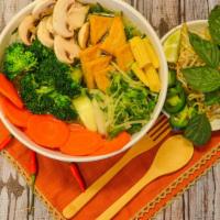 Vegetable Phở · Broccoli, carrot, mushroom, baby corn, tofu, served with chicken broth or vegetable broth.
