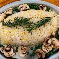 Mushroom Pillau Rice · Saffron flavored basmati rice sauteed with mushroom, peas, fruits, and nuts.