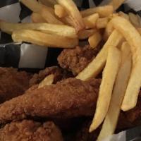 Chicken Tender Basket · Breaded Chicken tenderloin fried and served with honey mustard and fries.