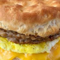 Sausage Egg & Cheese Biscuit · Served on a fresh baked biscuit, with a mild pork sausage, fresh cracked egg, and sharp ched...