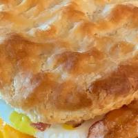 Bacon Egg & Cheese Biscuit · Served on a fresh baked biscuit, applewood smoked bacon, fresh cracked egg, and sharp chedda...