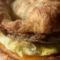 Sausage Egg & Cheese Croissant · Served on a fresh baked croissant, with a mild pork sausage, fresh cracked egg, and sharp ch...