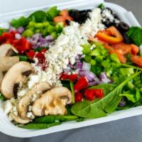 Green Thumb · Served on a bed of Fresh Baby Spinach with Fresh Mushrooms, Fresh Red Onion, Fresh Green Pep...