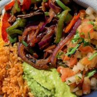 Fajita Bowl · With choice   of meat, rice, beans, assorted peppers, side of lettuce, pico de gallo, lime a...