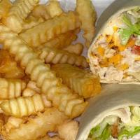 Crispy Chicken Wrap · Fried chicken tender with your choice of sauce, topped with lettuce, cheese, and pic de gall...