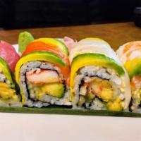 Rainbow Roll · Crab,avacado,cucumber.Topped with tuna,salmon,avacado,white fish,shrimp.