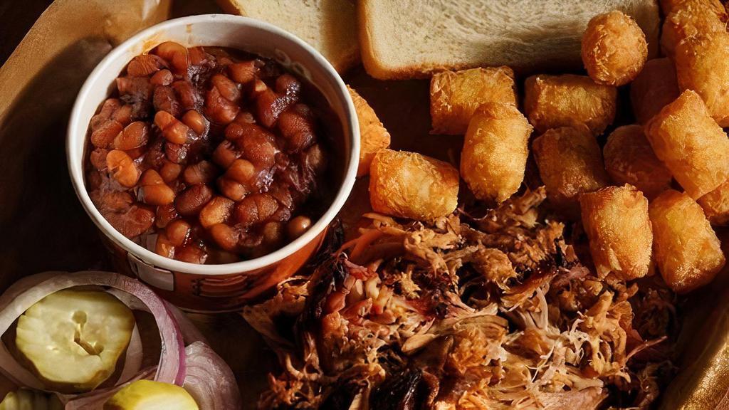 Pulled Pork Plate · Our House Smoked Pulled Pork Plate is Served with Your Choice of Two Sides, Pickles, Red Onions and Two Slices of Bread.
