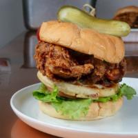 The Deep South · Toasted Kaiser roll. Classic buttermilk fried chicken, waffles, apple-smoked bacon, leaf let...