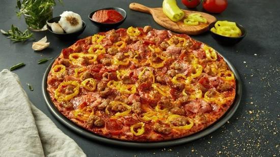 Founder'S Favorite · Heritage pepperoni, family recipe sausage, shaved ham, banana peppers, smoked Provolone, Romano.