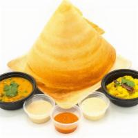 Mysore Masala Dosa · Fermented spicy crepe or rice cake made w/ rice & lentil batter, special mysore masala & ser...