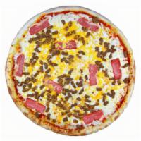 Cheese Burger Pizza · Our 100% Beef with Bacon, Cheddar Cheese & Premium Mozzarella.