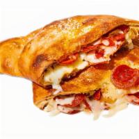 Pepperoni Lover’S Calzone · 3 layers of Pepperoni, Parmesan with Basil & Oregano. Comes with Marinara sauce on the
side.