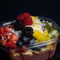 The Roll And Bowl · Base: Organic acai with strawberry, banana and pineapple. Toppings: Granola, banana, strawbe...
