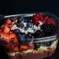 Berry Bowl · Base: Organic acai with strawberry, banana and pineapple. Toppings: Granola, banana, strawbe...